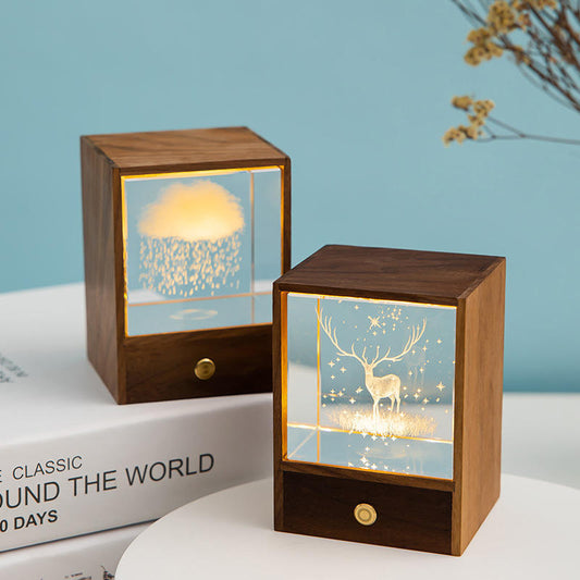 Crystal LED Wooden Box Square Elk Cloud Night Light