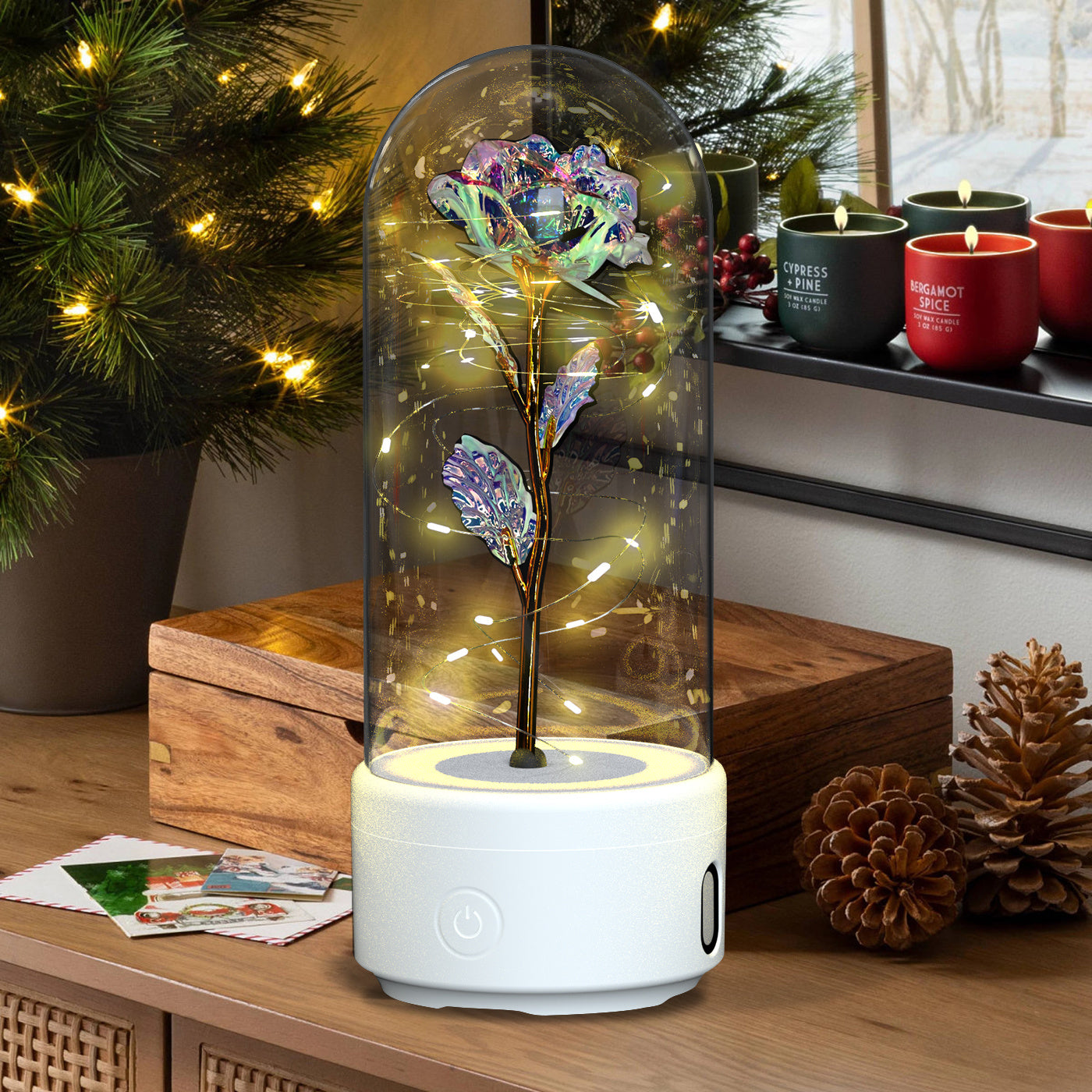 Rose Flowers LED Light Ornament In Glass Cover with Speaker