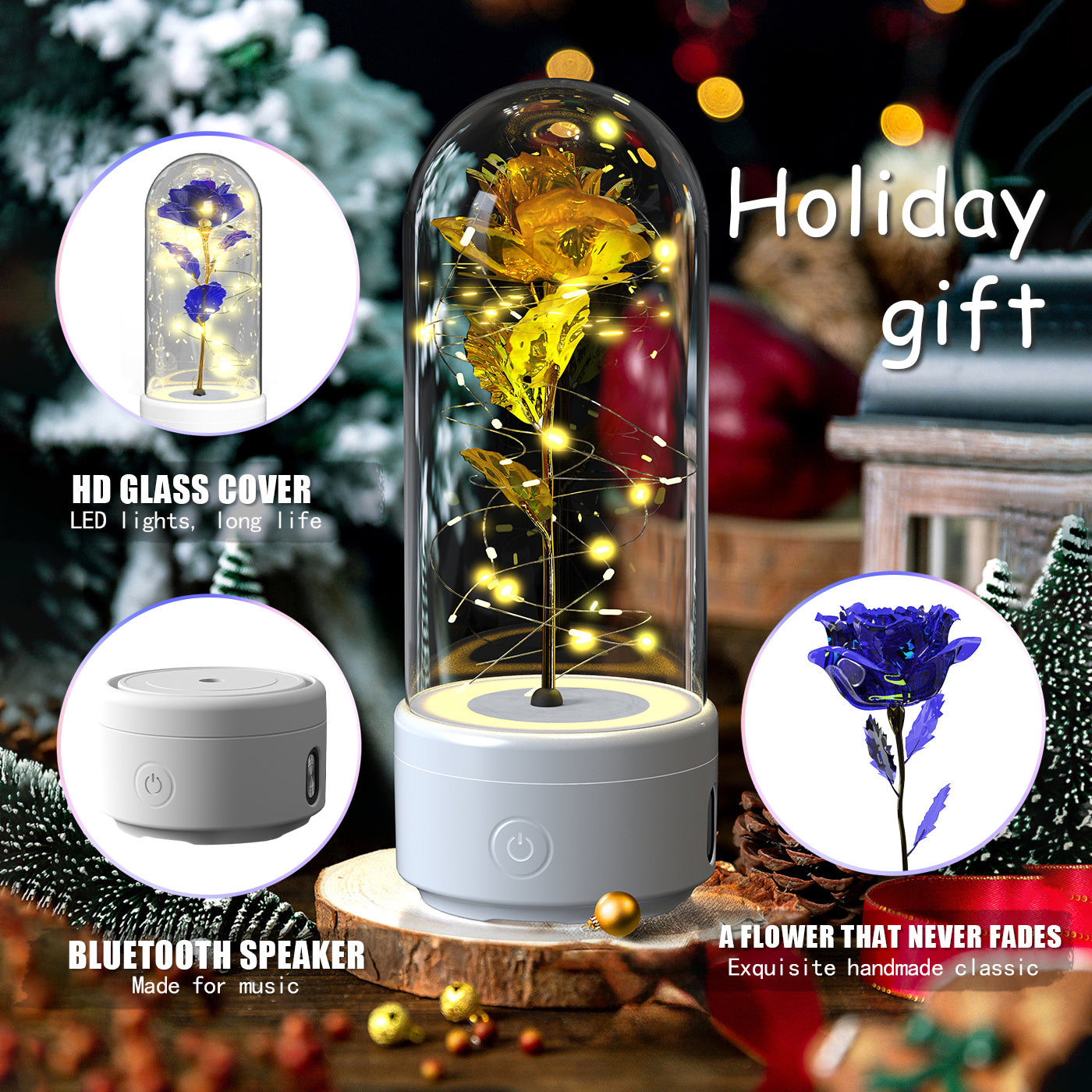 Rose Flowers LED Light Ornament In Glass Cover with Speaker